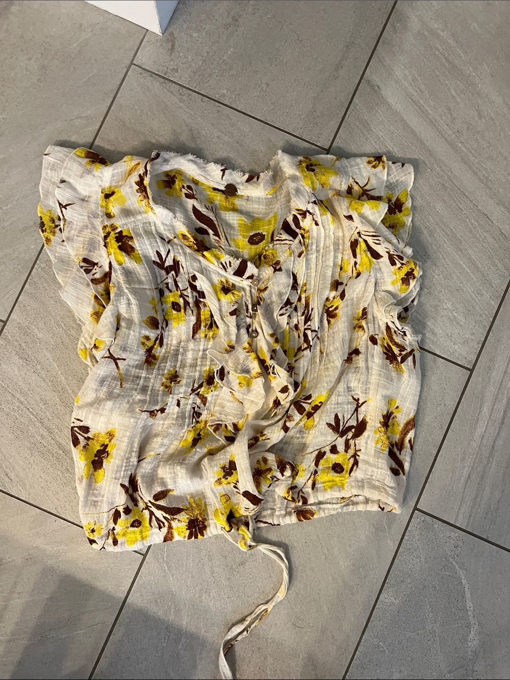Free People Cream Floral Ruffle Blouse with Yellow and Brown Print